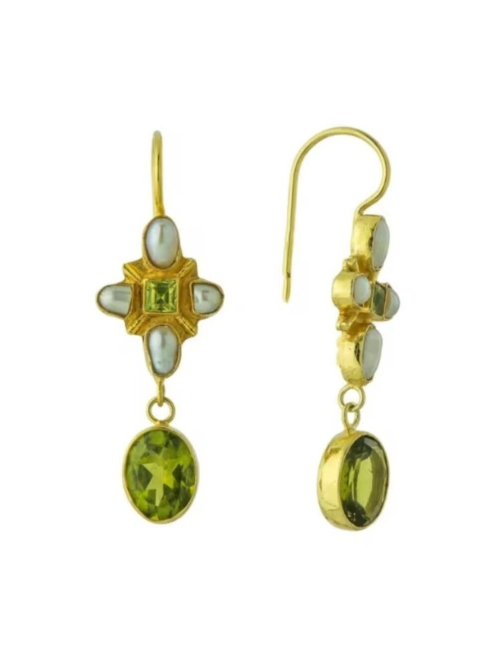 Anthro Asymmetric Green Crystal & Pearl Earrings – Gold Artistic Dangle Design - Picture 4 of 8